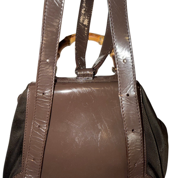 Vintage Gucci Brown Mini Backpack w/ Bamboo Handle Patent Leather + Nylon Auth main image 8